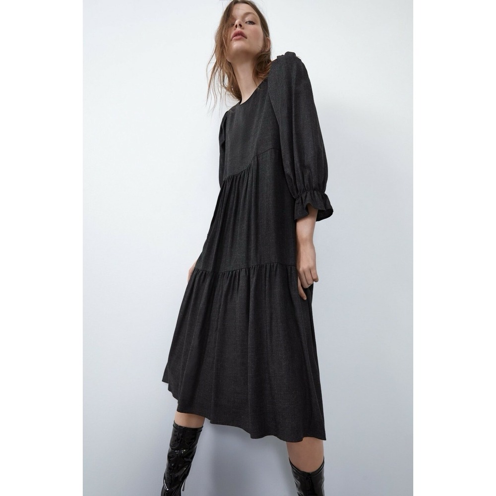 Zara Womens Goth Tiered Dress Size S Charcoal Gray 3/4 Ruffle Sleeve Hi Low Hem